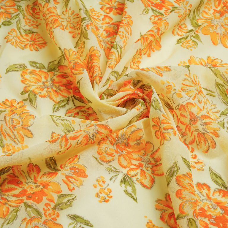 Yellow & Golden Floral Printed Faux Georgette Fabric