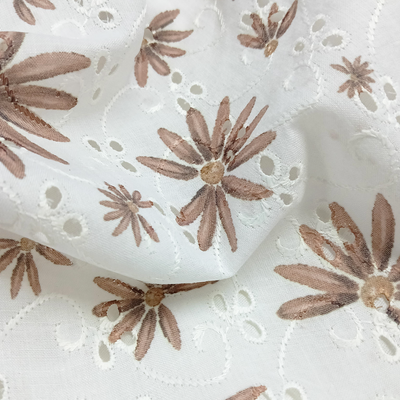 White Floral Embroidered Hand Block Printed Schiffli Cotton Fabric