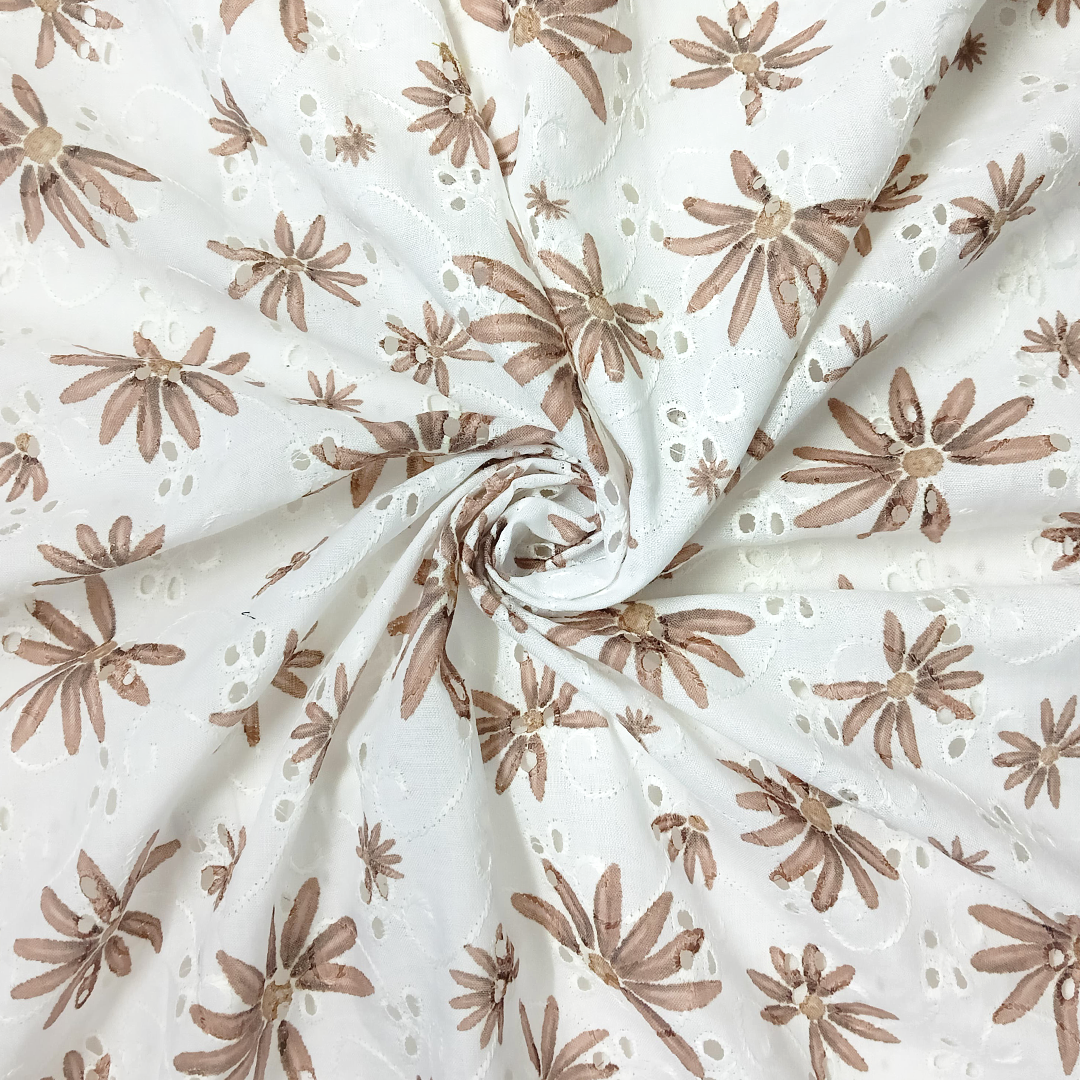 White Floral Embroidered Hand Block Printed Schiffli Cotton Fabric