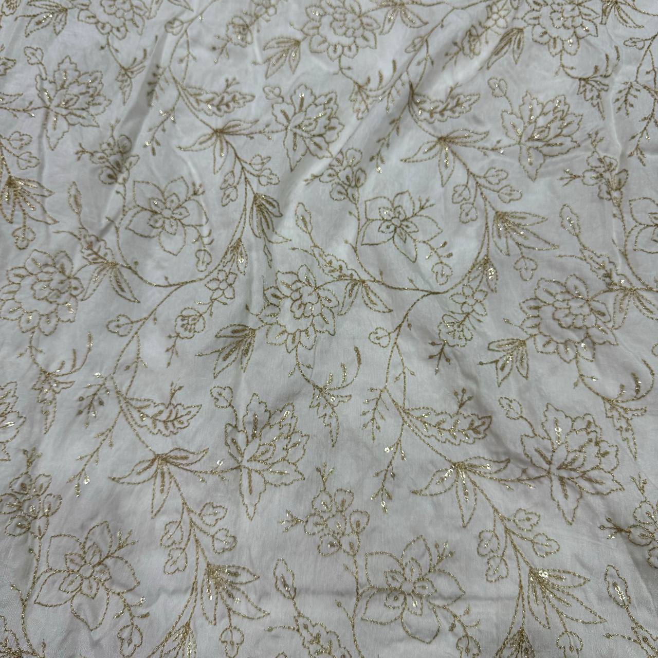 White Floral Sequins Embroidered Dyeable Viscose Dola Silk Fabric (Wholesale)