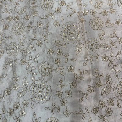 White & Golden Floral Dyeable Embroidered Viscose Gaji Silk Fabric