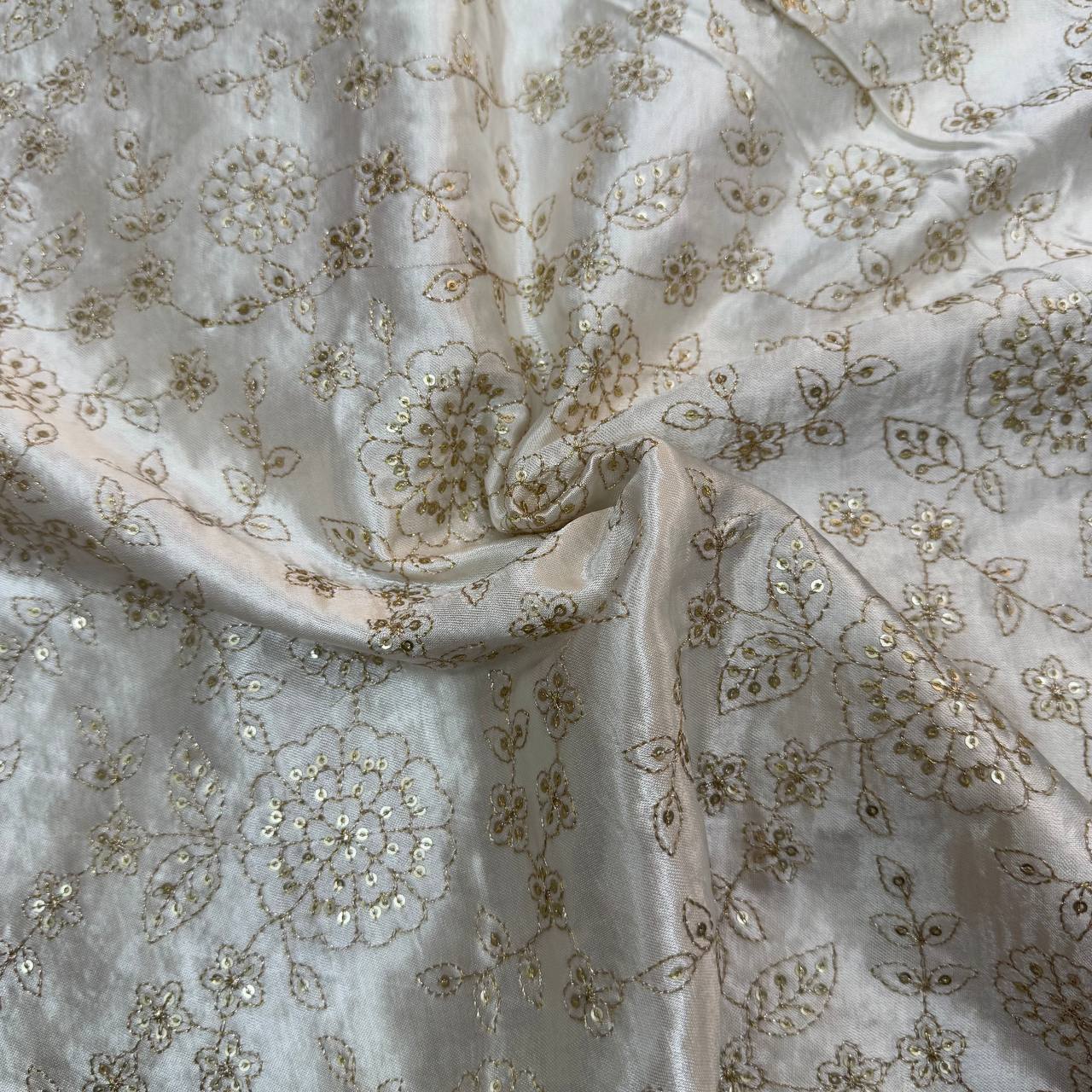 White & Golden Floral Dyeable Embroidered Viscose Gaji Silk Fabric