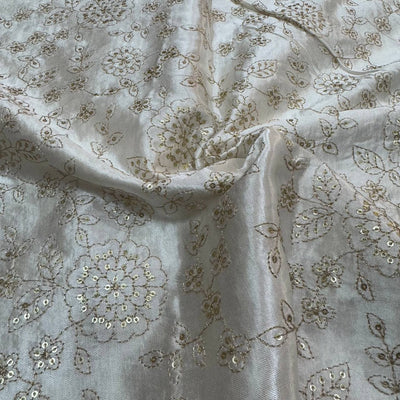 White & Golden Floral Dyeable Embroidered Viscose Gaji Silk Fabric