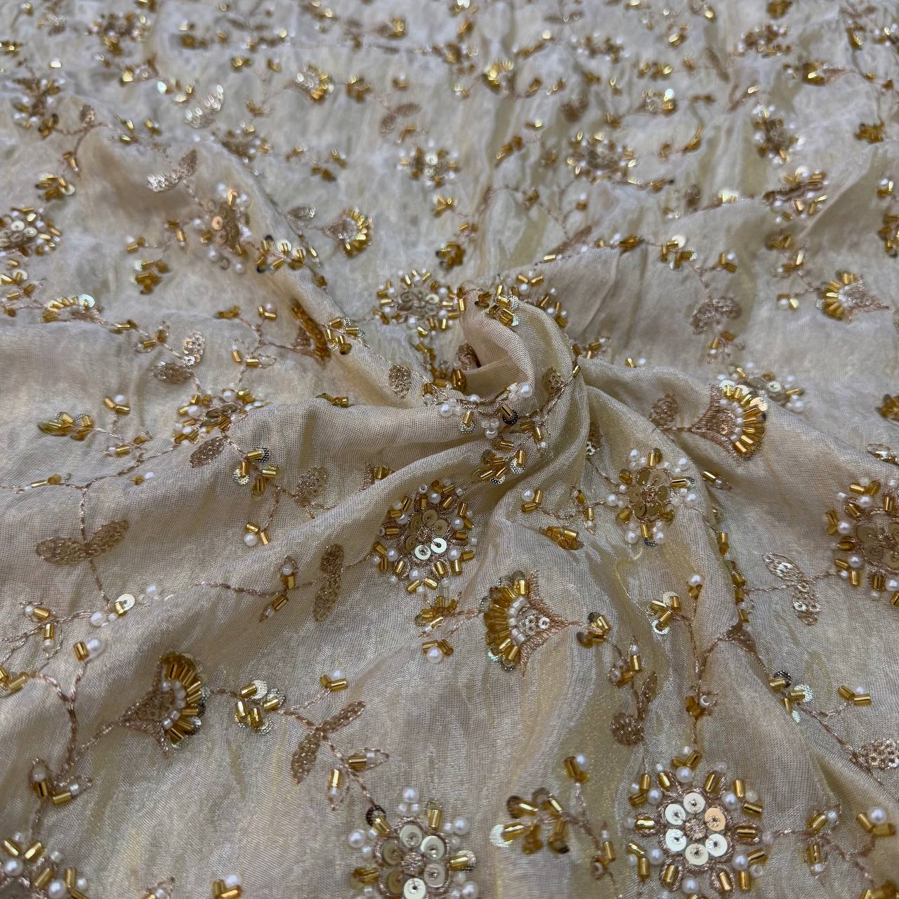 White & Gold Floral Beads & Sequins Handwork Dyeable Embroidered Viscose Tissue Silk Fabric