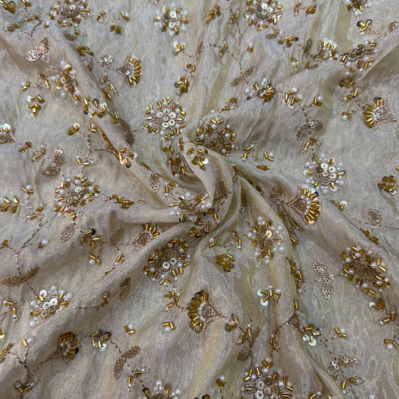 White & Gold Floral Beads & Sequins Handwork Dyeable Embroidered Viscose Tissue Silk Fabric