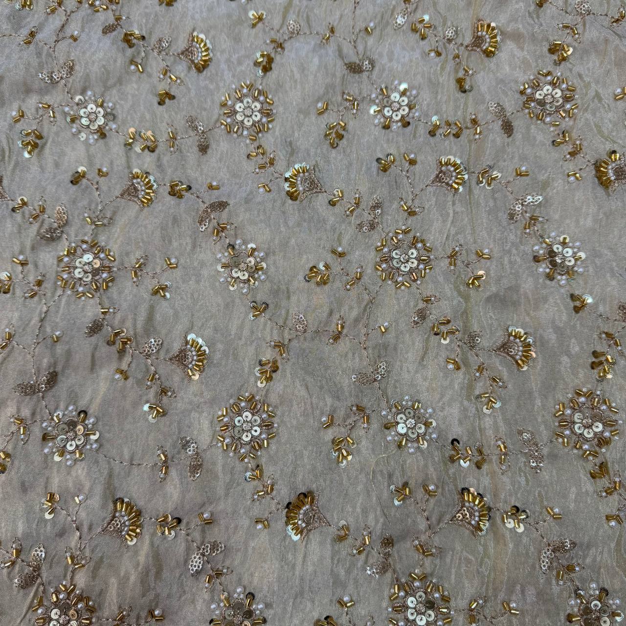 White & Gold Floral Beads & Sequins Handwork Dyeable Embroidered Viscose Tissue Silk Fabric