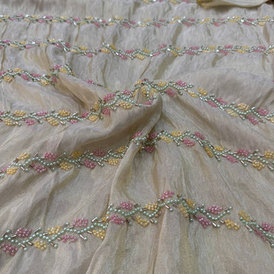 White & Golden Stripes Beads & Sequins Handwork Dyeable Embroidered Viscose Tissue Silk Fabric