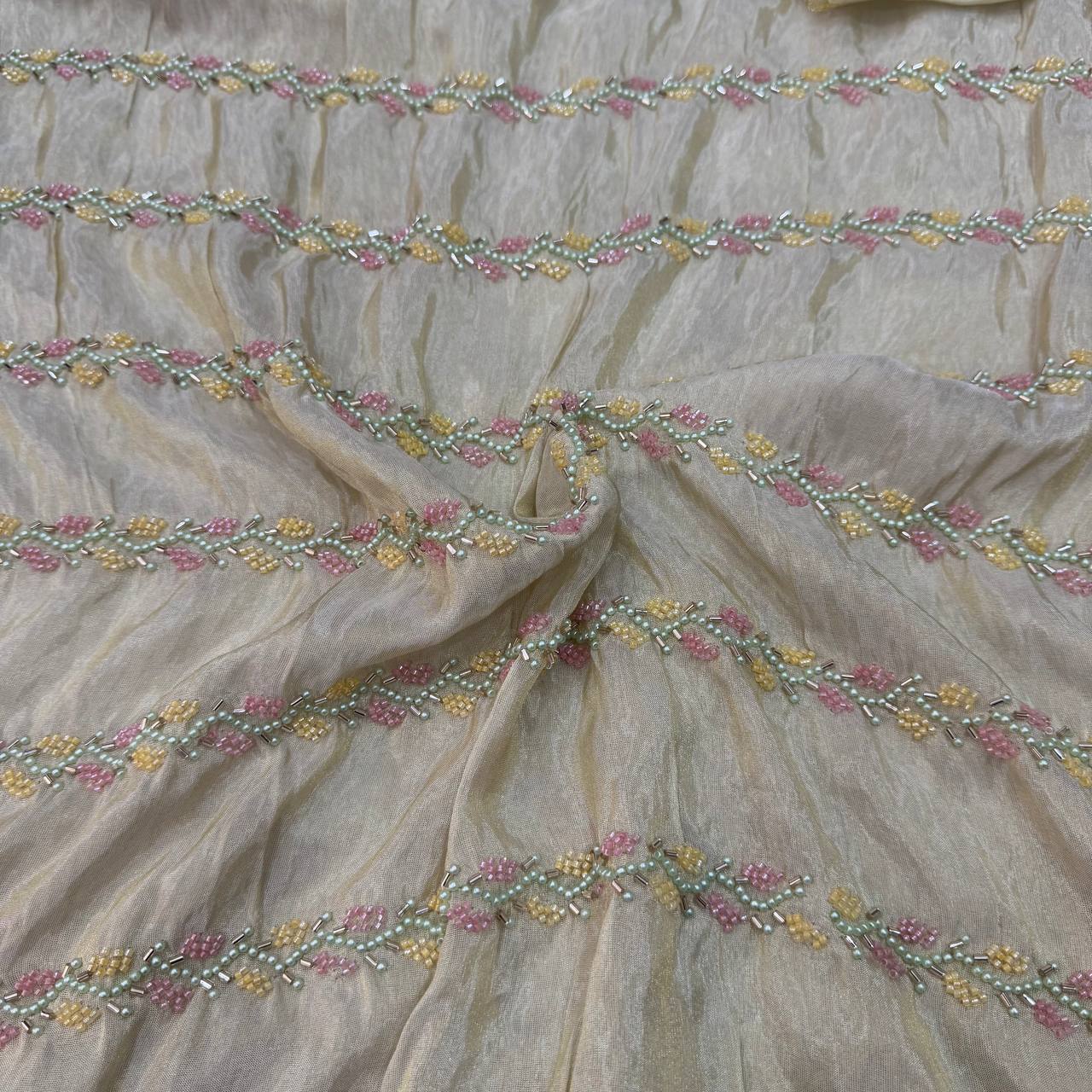 White & Golden Stripes Beads & Sequins Handwork Dyeable Embroidered Viscose Tissue Silk Fabric