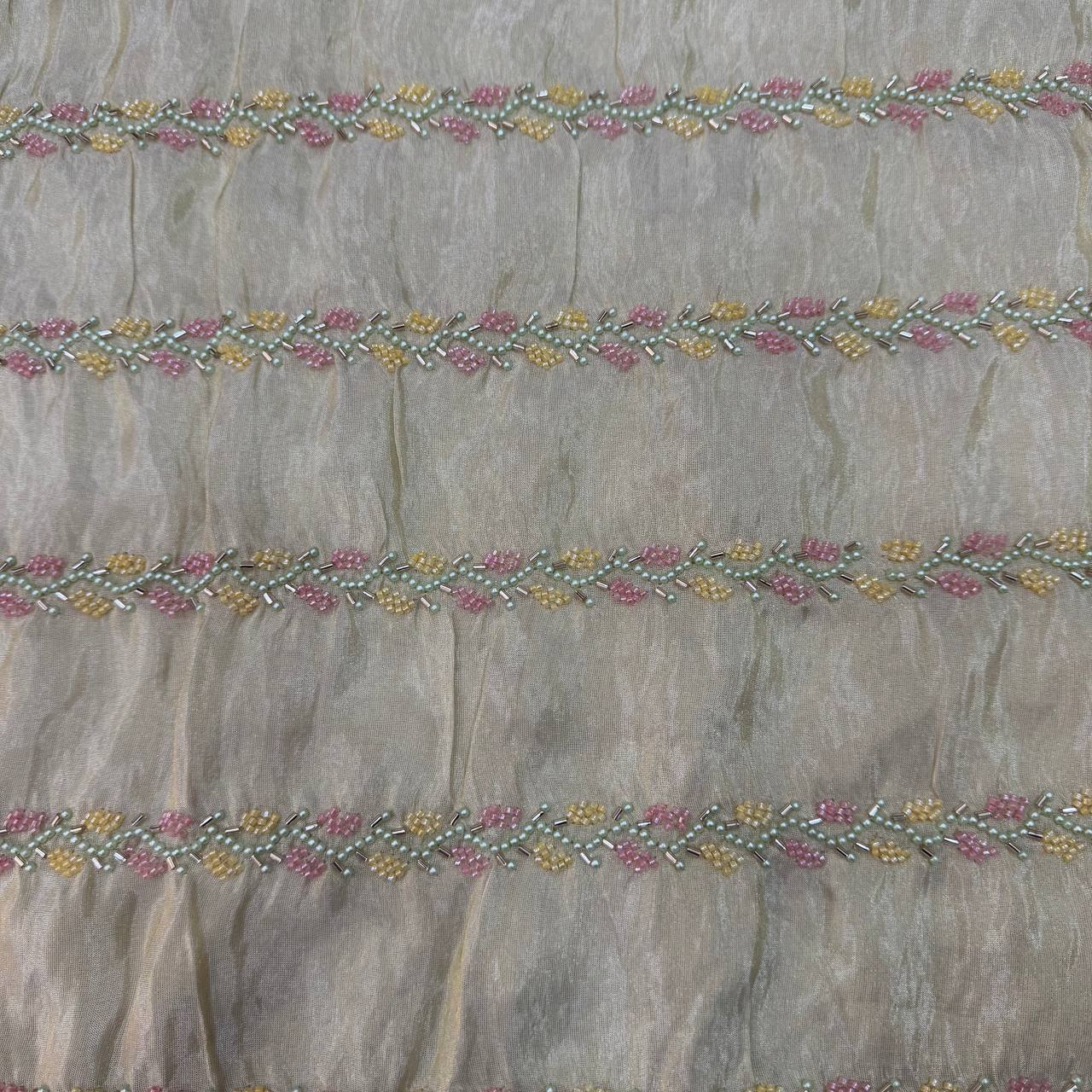 White & Golden Stripes Beads & Sequins Handwork Dyeable Embroidered Viscose Tissue Silk Fabric