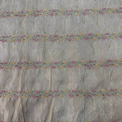 White & Golden Stripes Beads & Sequins Handwork Dyeable Embroidered Viscose Tissue Silk Fabric