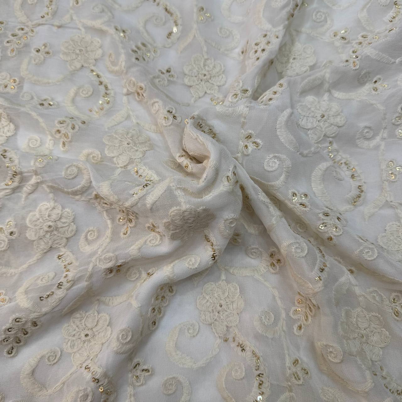 White Traditional Dyeable Lakhnavi Embroidered Viscose Georgette Fabric