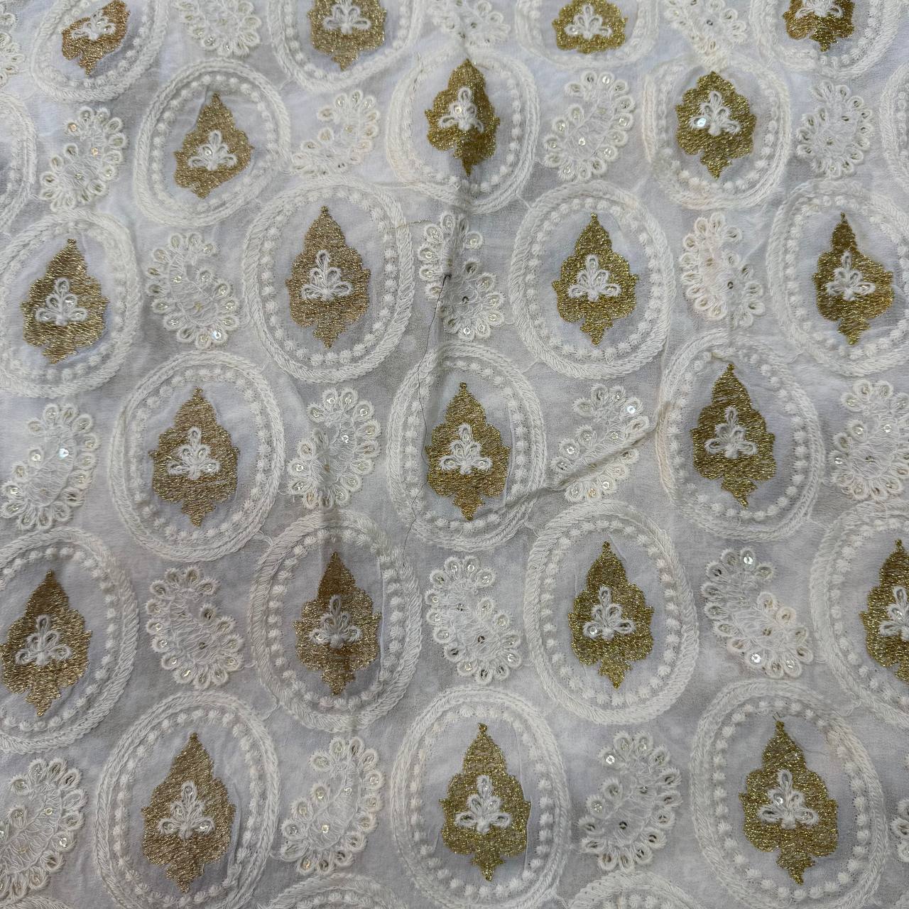 White Traditional Dyeable Lakhnavi Embroidered Viscose Georgette Fabric