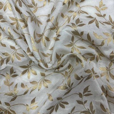 White & Golden Floral Dyeable Zari Banarasi Russian Silk Fabric