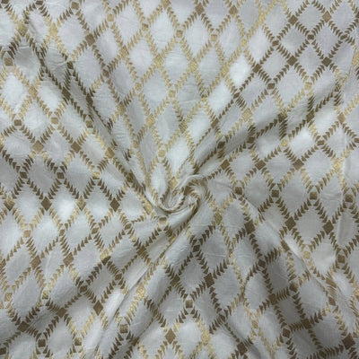 White & Golden Geometric Dyeable Zari Banarasi Russian Silk Fabric