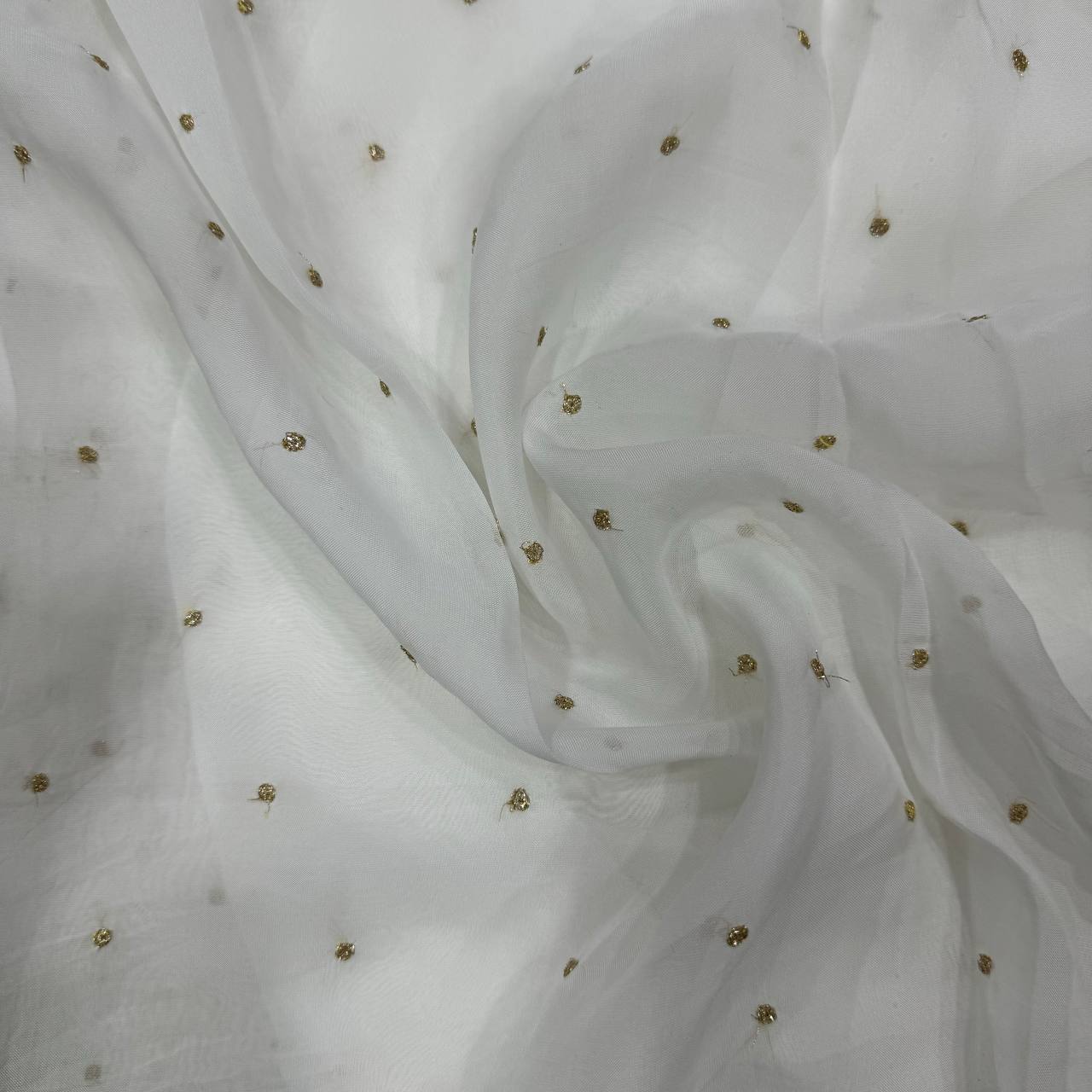 White & Golden Polka Butti Dyeable Embroidered Viscose Organza Fabric