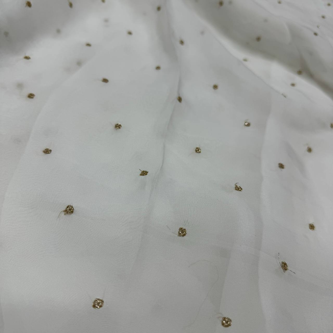White & Golden Polka Butti Dyeable Embroidered Viscose Organza Fabric