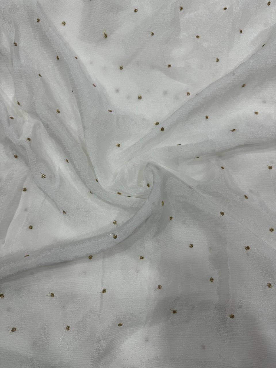 White & Golden Polka Butti Dyeable Embroidered Viscose Chinon Chiffon Fabric