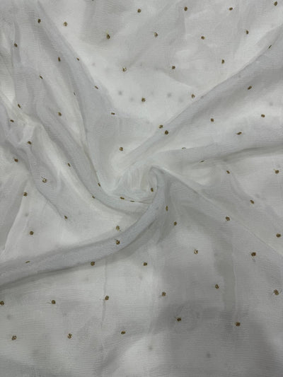 White & Golden Polka Butti Dyeable Embroidered Viscose Chinon Chiffon Fabric