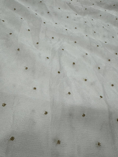 White & Golden Polka Butti Dyeable Embroidered Viscose Chinon Chiffon Fabric