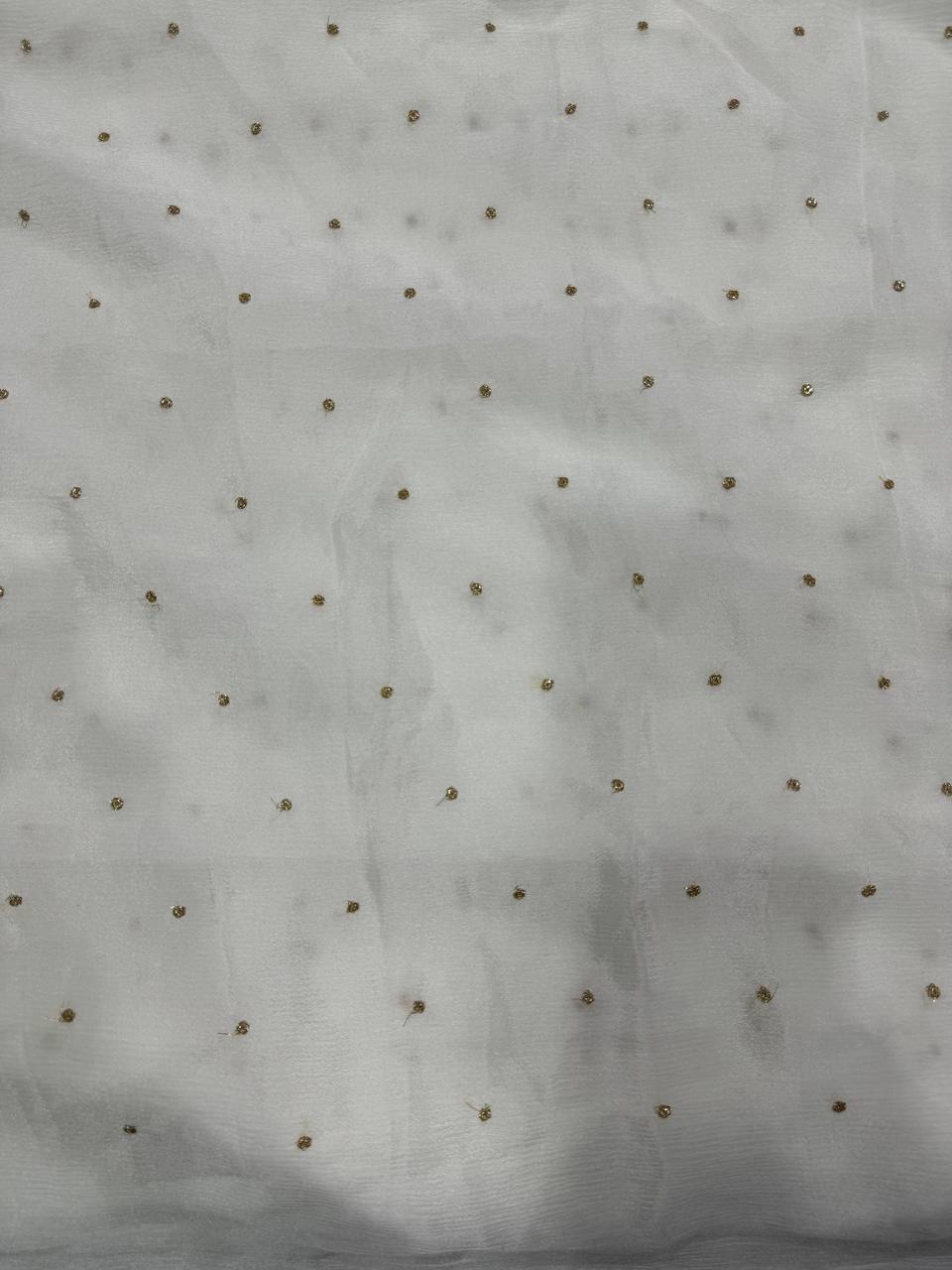 White & Golden Polka Butti Dyeable Embroidered Viscose Chinon Chiffon Fabric