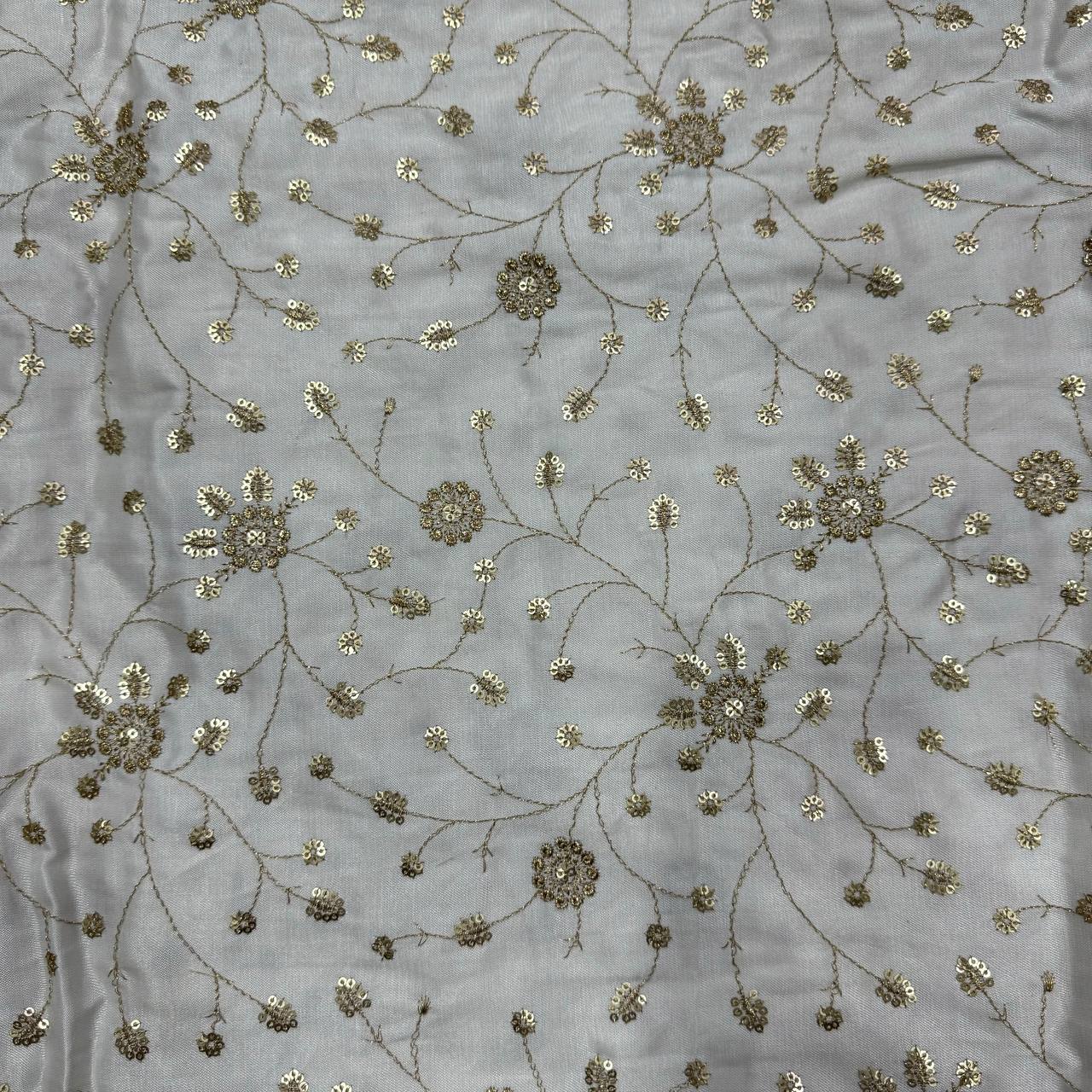 White & Golden Floral Dyeable Embroidered Viscose Gaji Silk Fabric