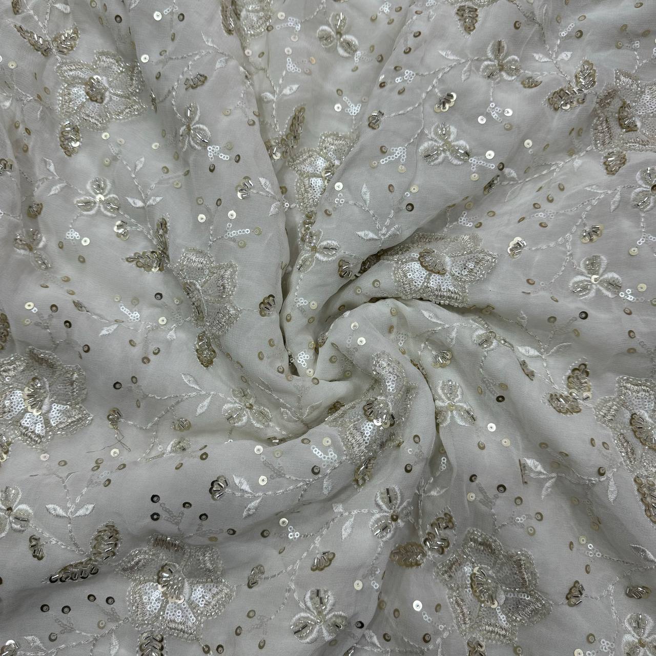 White Floral Dyeable Sequins Embroidered Dyeable Heavy Hand Work Viscose Georgette Fabric