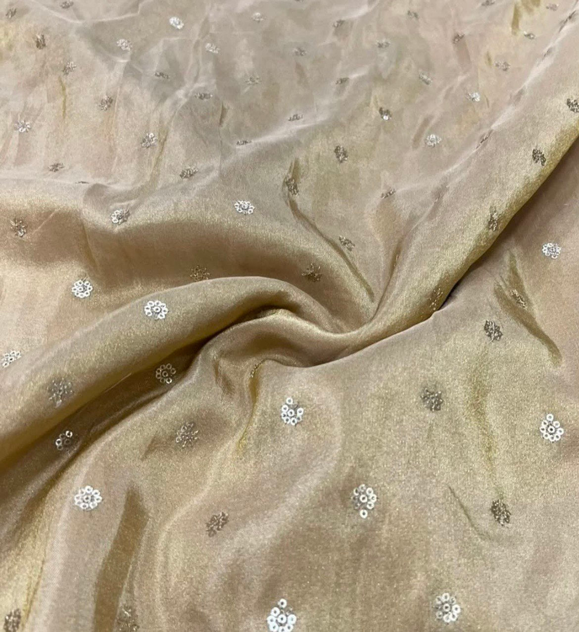 Rodeo Dust Flower Motifs Butti Embroidered Viscose Gold Tissue Silk Fabric