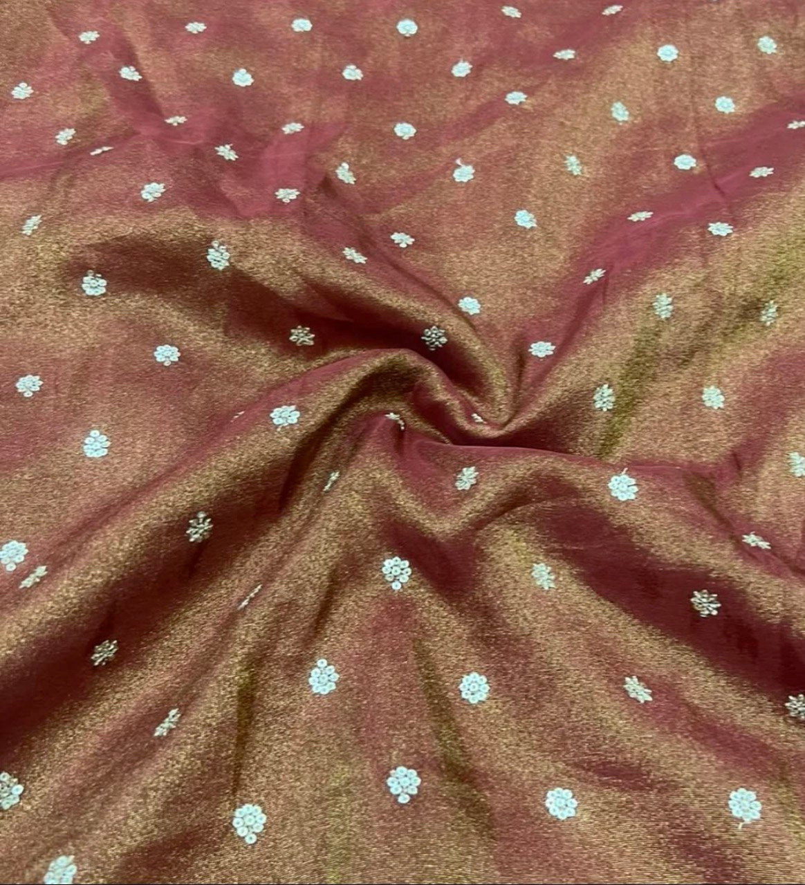 Cocoa Brown Motifs Flower Butti Embroidered Viscose Gold Tissue Silk Fabric