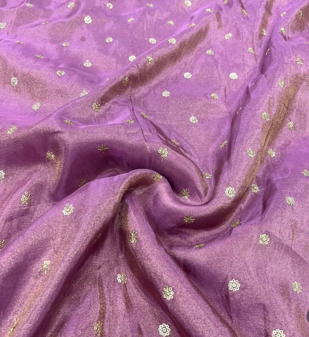 Lavender Flower Motifs Butti Embroidered Viscose Gold Tissue Silk Fabric