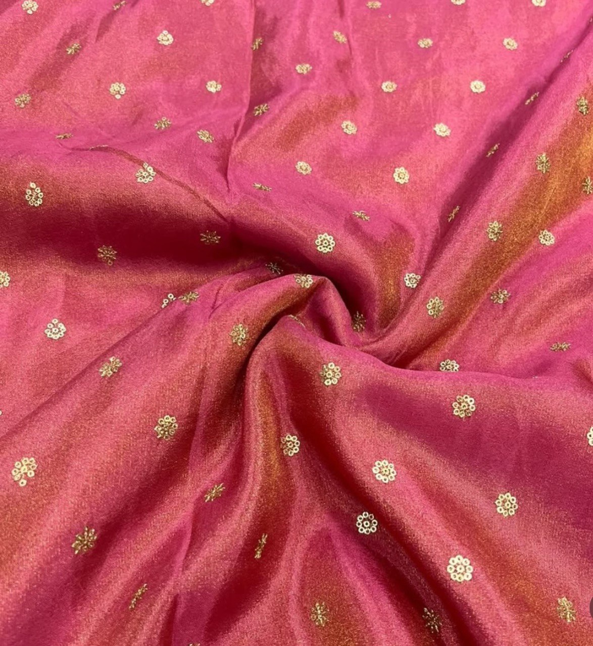 Cerise Pink Motifs Flower Butti Embroidered Viscose Gold Tissue Silk Fabric