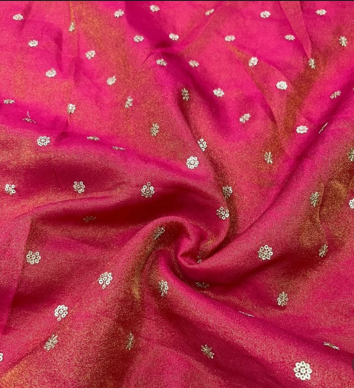 Rose Red Motifs Flower Butti Embroidered Viscose Gold Tissue Silk Fabric