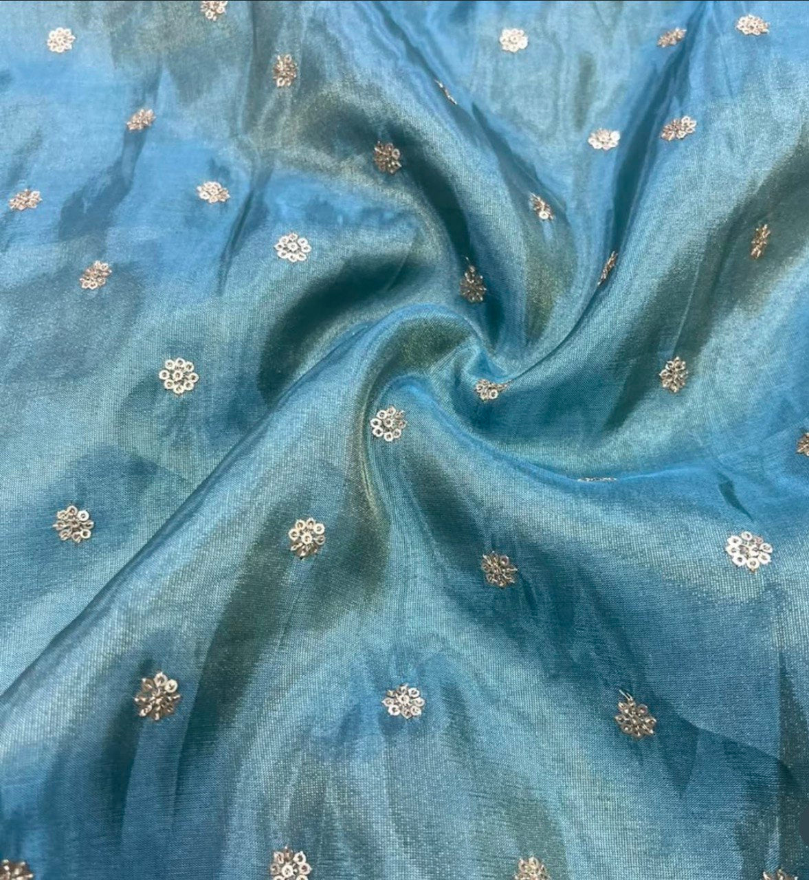 Mist Blue Flower Butti Dyeable Embroidered Viscose Gold Tissue Silk Fabric (Wholesale)