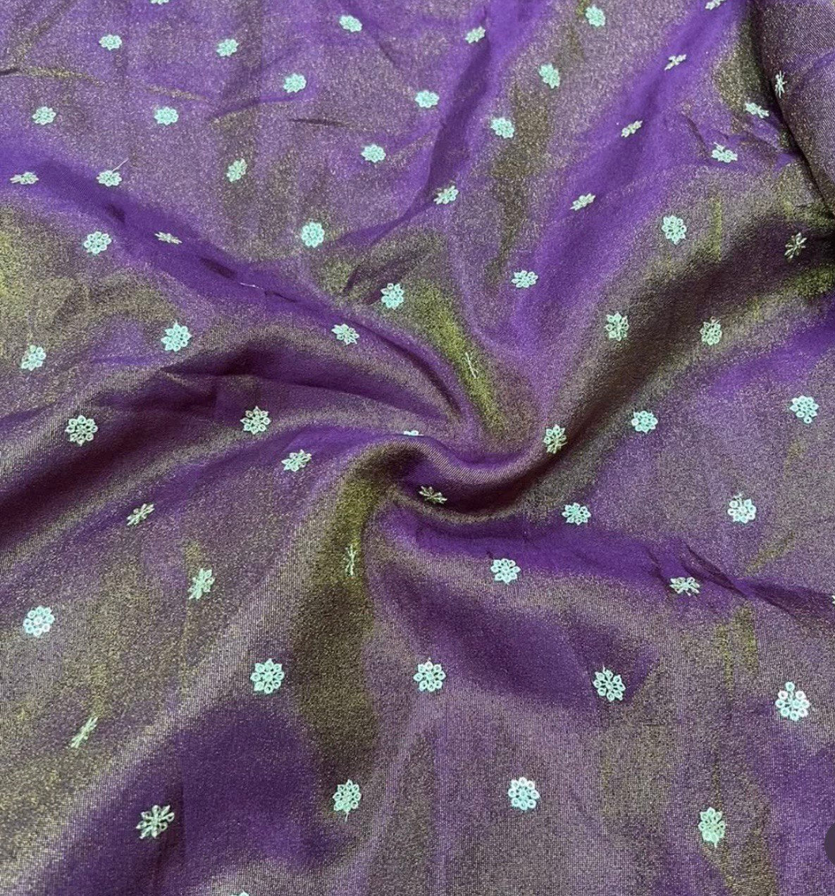 Purple Motifs Flower Butti Embroidered Viscose Gold Tissue Silk Fabric