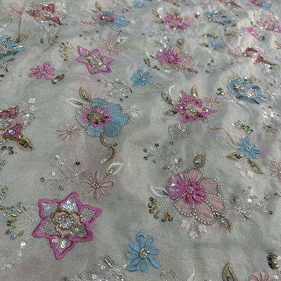 Multicolor Floral Sequins Embroidered Dyeable Heavy Hand Work Viscose Shimmer Tissue Fabric