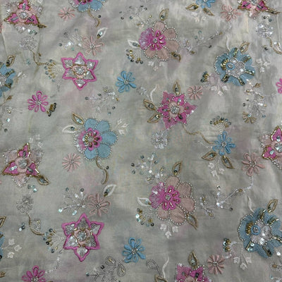 Multicolor Floral Sequins Embroidered Dyeable Heavy Hand Work Viscose Shimmer Tissue Fabric