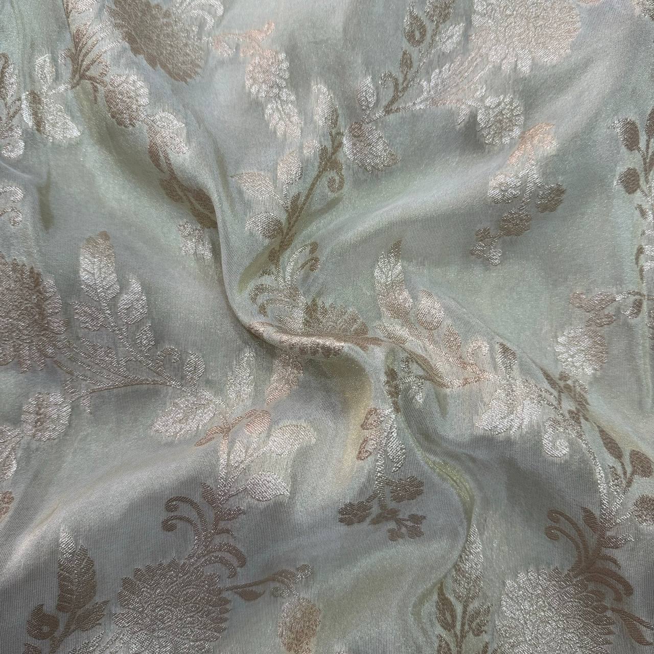 White & Rose Gold Floral Dyeable Zari Banarasi Viscose Tissue Silk Fabric