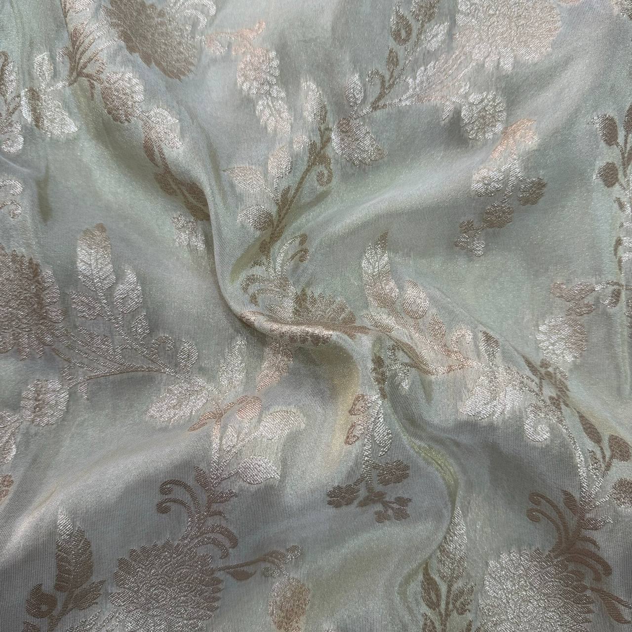 White & Rose Gold Floral Dyeable Zari Banarasi Viscose Tissue Silk Fabric (Wholesale)