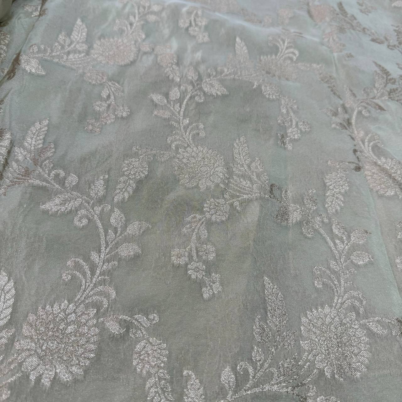 White & Rose Gold Floral Dyeable Zari Banarasi Viscose Tissue Silk Fabric (Wholesale)