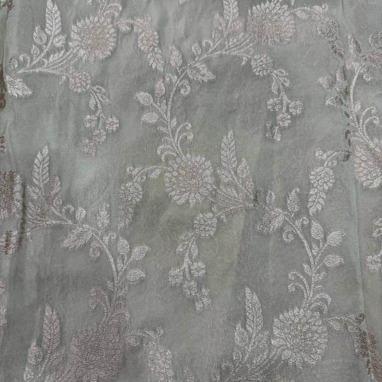 White & Rose Gold Floral Dyeable Zari Banarasi Viscose Tissue Silk Fabric