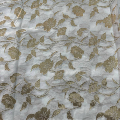 White & Golden Floral Dyeable Zari Banarasi Russian Silk Fabric