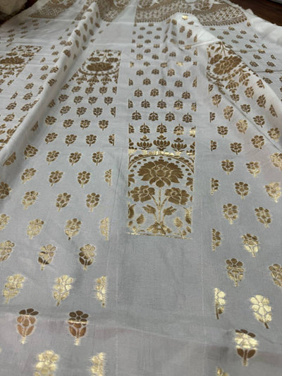 White & Golden Traditional Dyeable Banarasi Kali Russian Silk Fabric