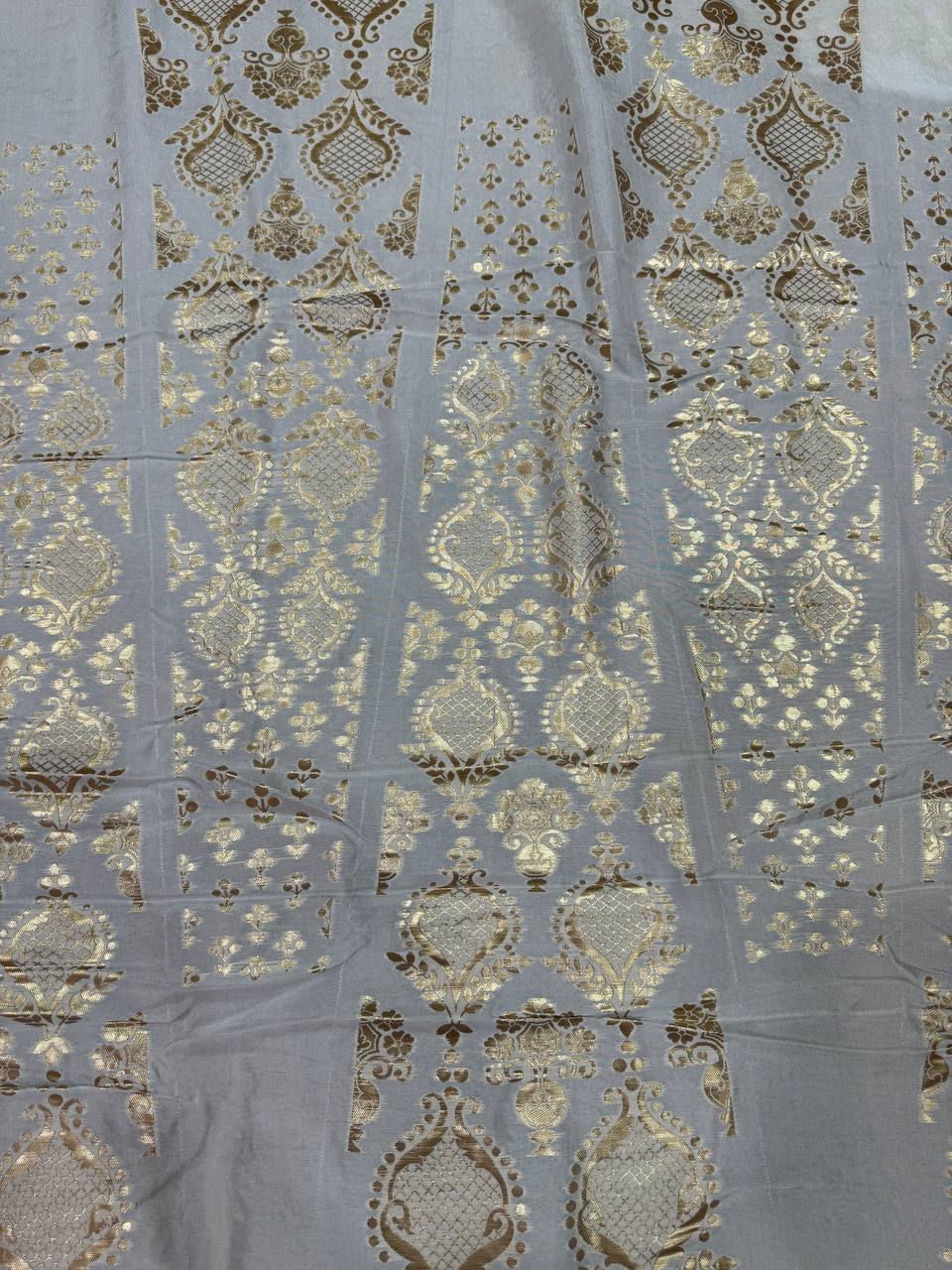 White & Golden Traditional Dyeable Banarasi Kali Russian Silk Fabric