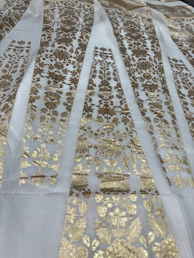 White & Golden Floral Dyeable Banarasi Kali Russian Silk Fabric