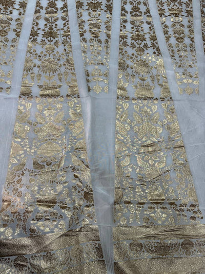 White & Golden Floral Dyeable Banarasi Kali Russian Silk Fabric