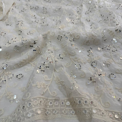 White Floral Dyeable Lakhnavi Embroidered Viscose Georgette Fabric