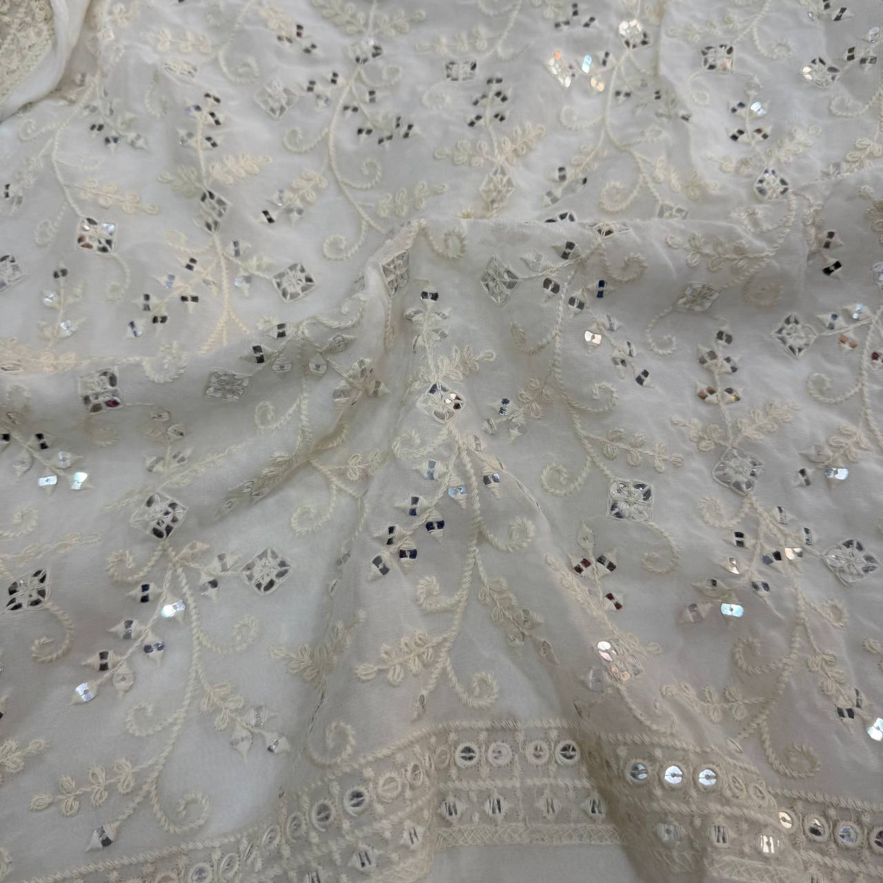 White Floral Dyeable Lakhnavi Embroidered Viscose Georgette Fabric