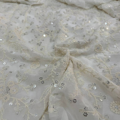 White Floral Dyeable  Lakhnavi Embroidered Viscose Georgette Fabric