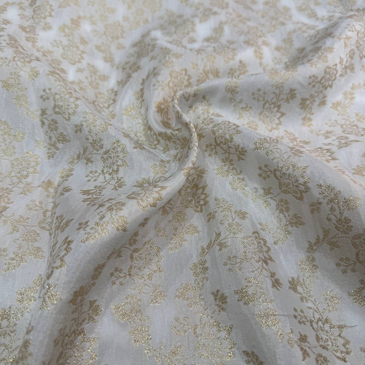 White & Golden Floral Dyeable Zari Banarasi Russian Silk Fabric