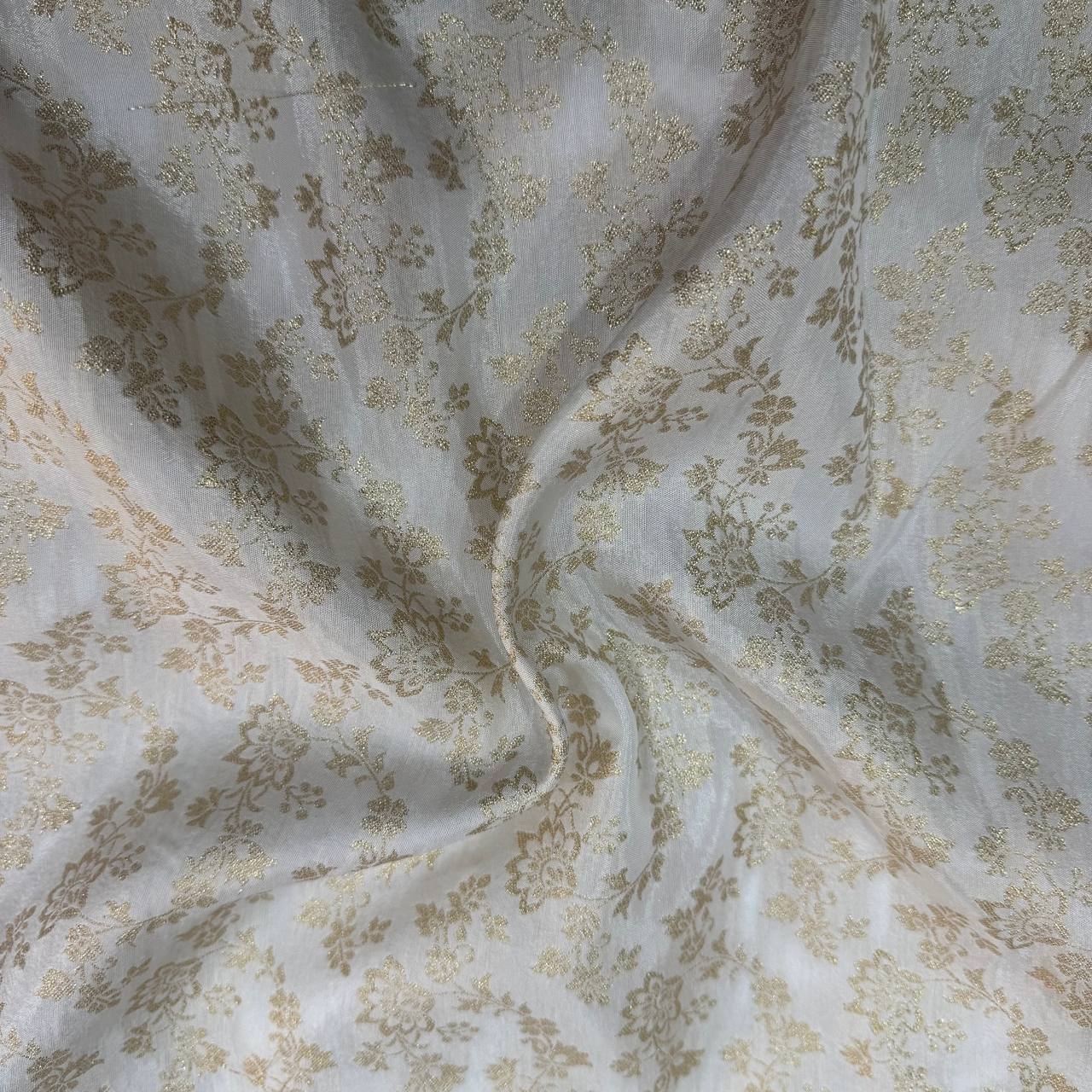 White & Golden Floral Dyeable Zari Banarasi Russian Silk Fabric