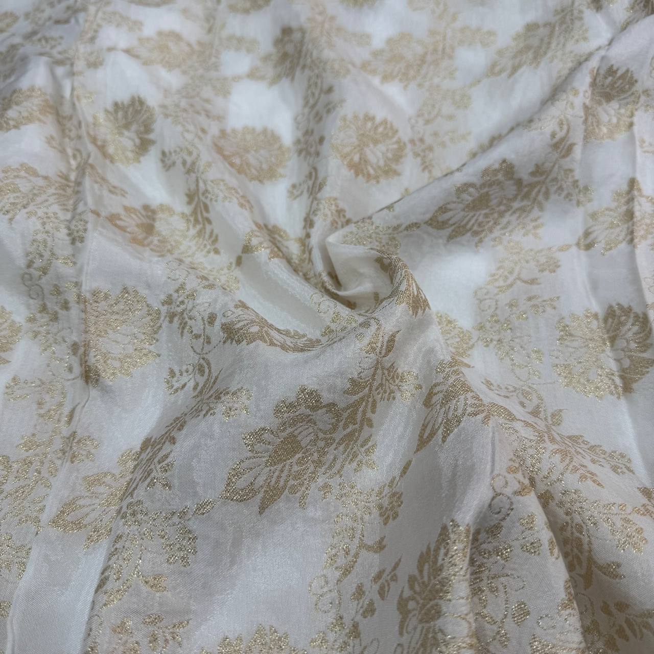 White & Golden Floral Dyeable Zari Banarasi Russian Silk Fabric